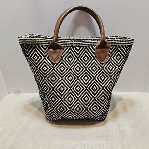 Annie Selke Fresh American Woven Tote Black White Geometric Leather Handles